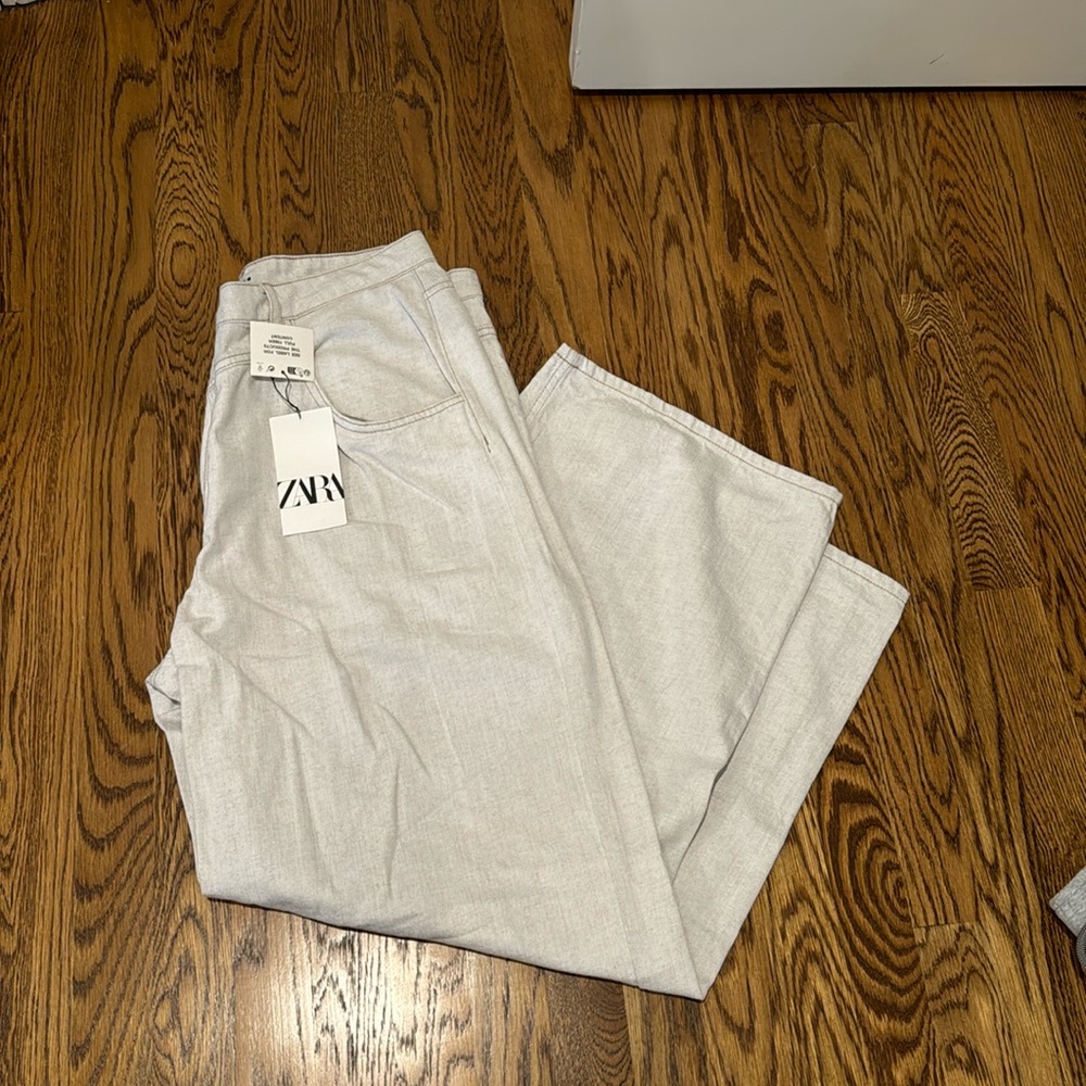 Zara Flowy Wide Leg Faux Denim Pants with Linen